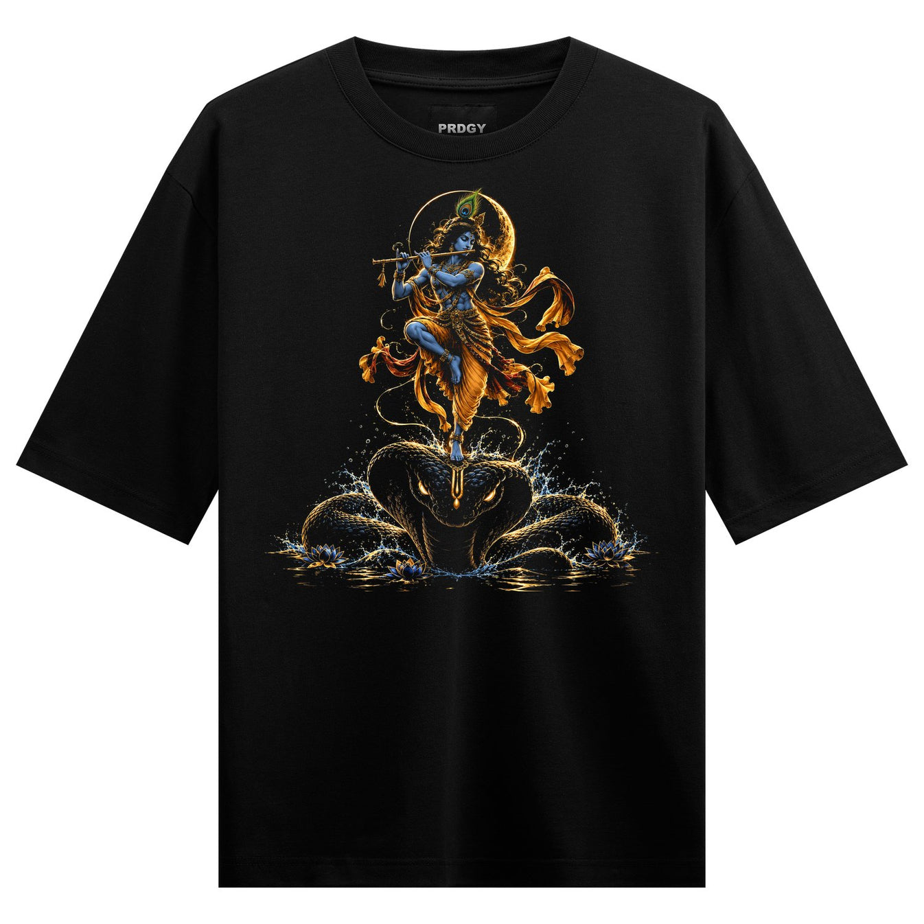 A blue-skinned deity with a peacock feather plays a flute standing on a large dark serpent with golden accents surrounded...