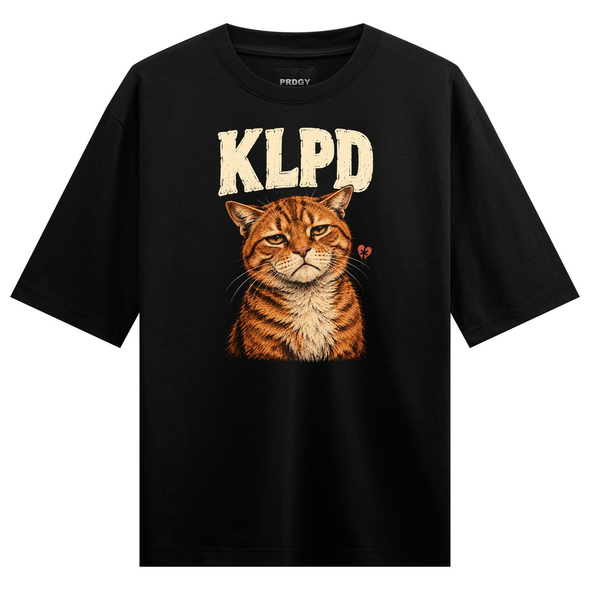 Grumpy Cat Oversized T-Shirt — a black t-shirt features a detailed illustration of a grumpy orange tabby cat