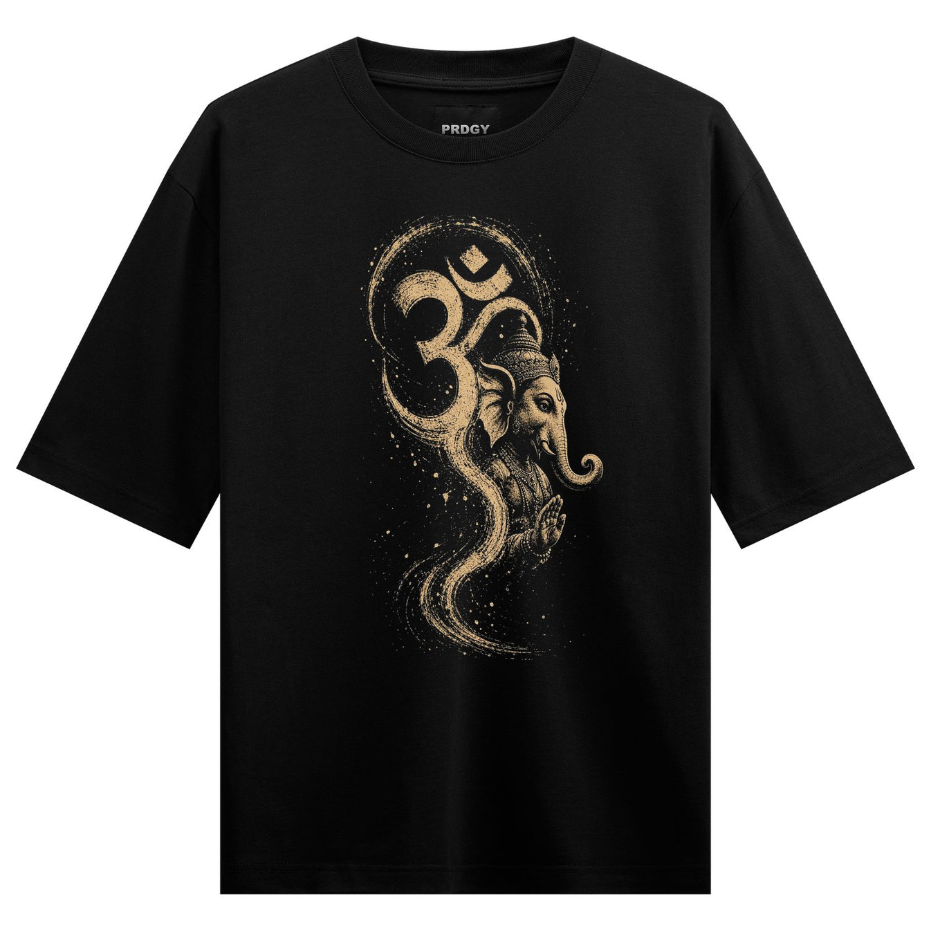 A black t-shirt features a golden illustration of the Om symbol encompassing Lord Ganesha with prayer hands surrounded by...