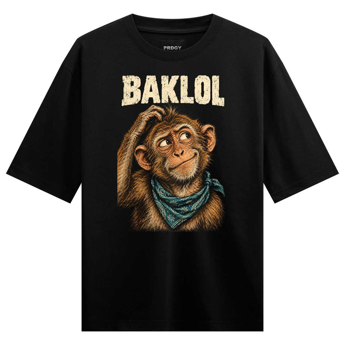 Confused Monkey Oversized T-Shirt — a black t-shirt features a detailed illustration of a monkey wearing a blue bandana