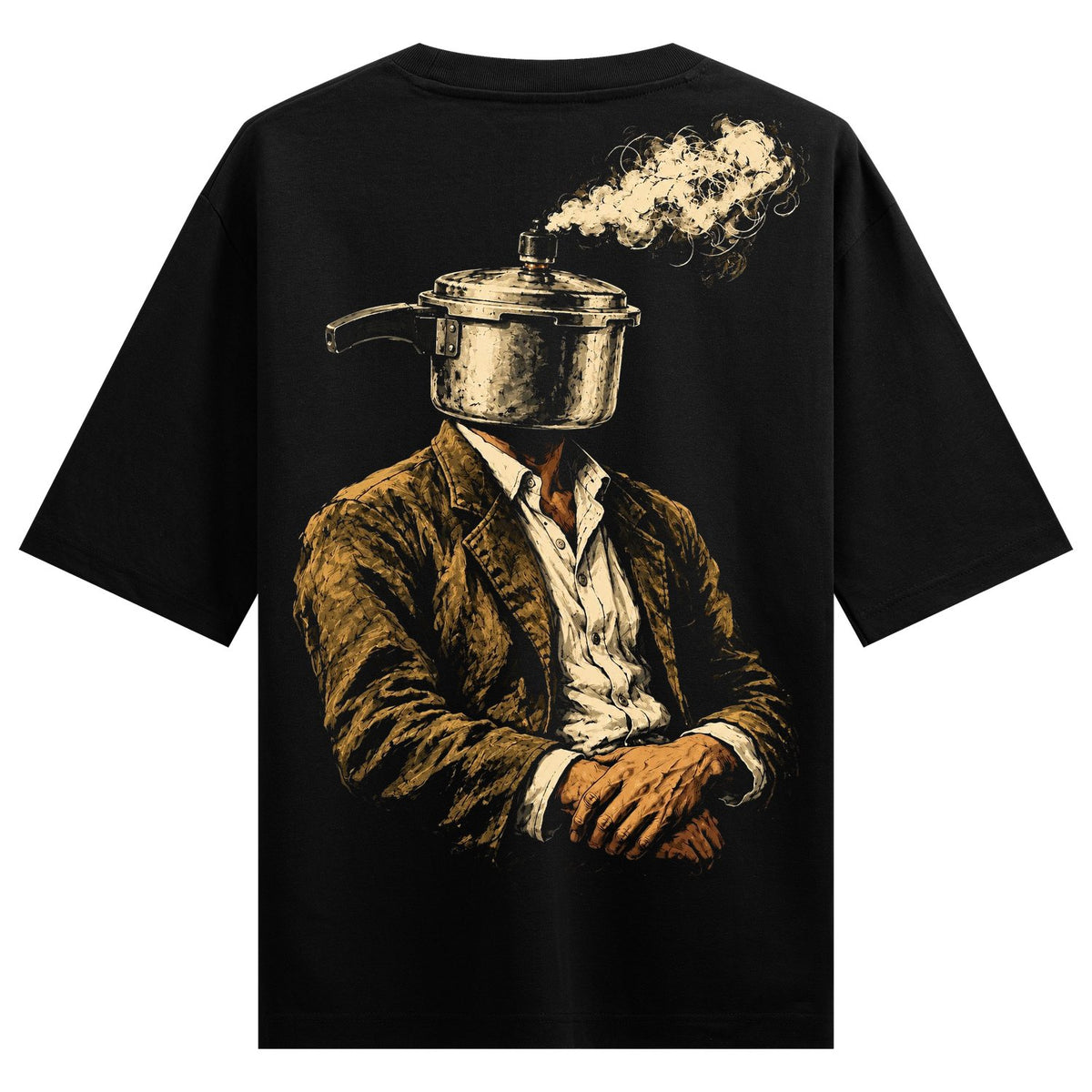 Pressure Cooker Head Oversized T-Shirt — a man in a brown jacket and white shirt has a silver pressure cooker as his head