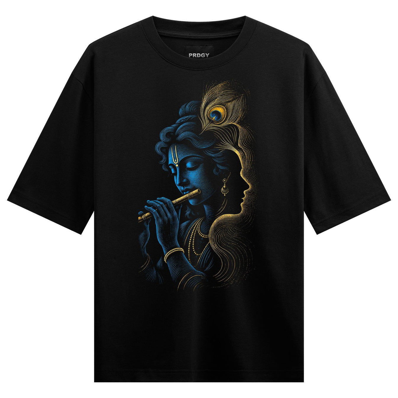A blue-skinned figure playing a flute adorned with a golden outline and a peacock feather set against a black background o...