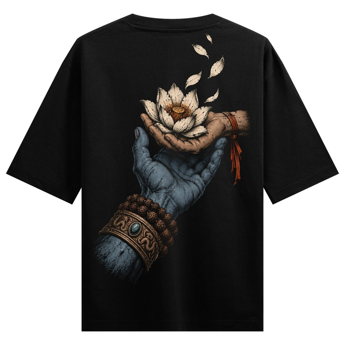Shiv ka Sath Oversized T-Shirt — a blue hand holding a white lotus flower with petals falling, adorned with a golden