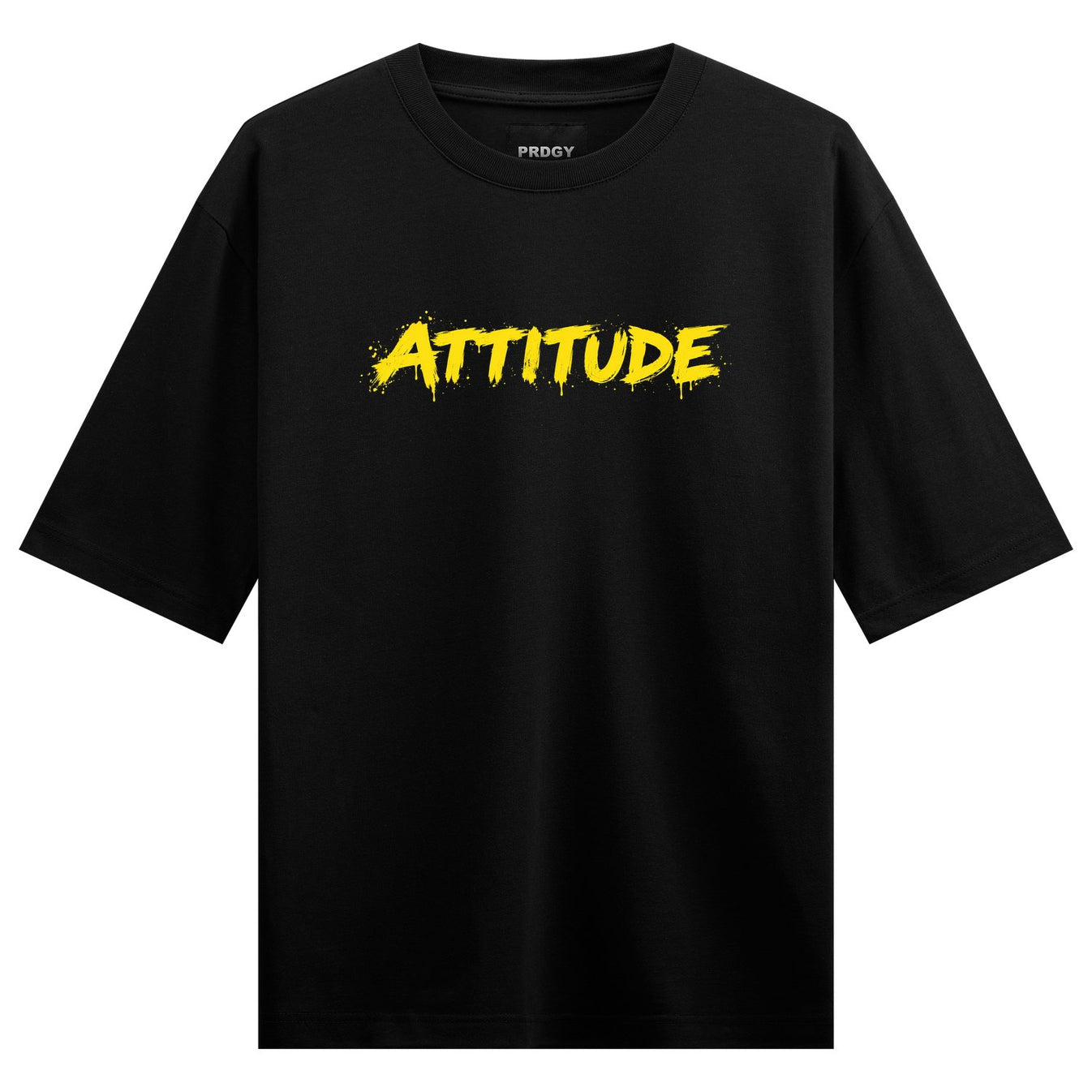A black t-shirt features the brand name PRDGY above the word ATTITUDE in bold distressed yellow brush stroke typography on...