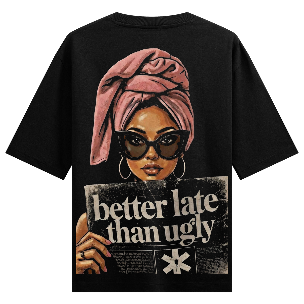 Sassy Glam Oversized T-Shirt by PRDGY — stylish woman wrapped in towel holding newspaper with quote, fashion design