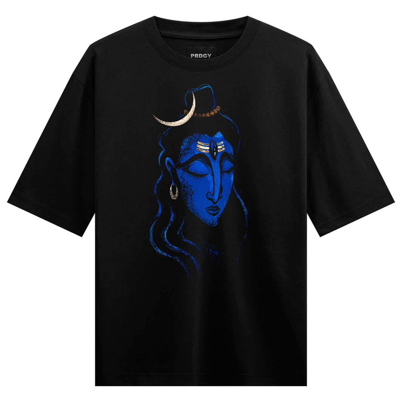 A black t-shirt features a striking blue portrait of Lord Shiva with a third eye crescent moon and gold earring on PRDGY o...