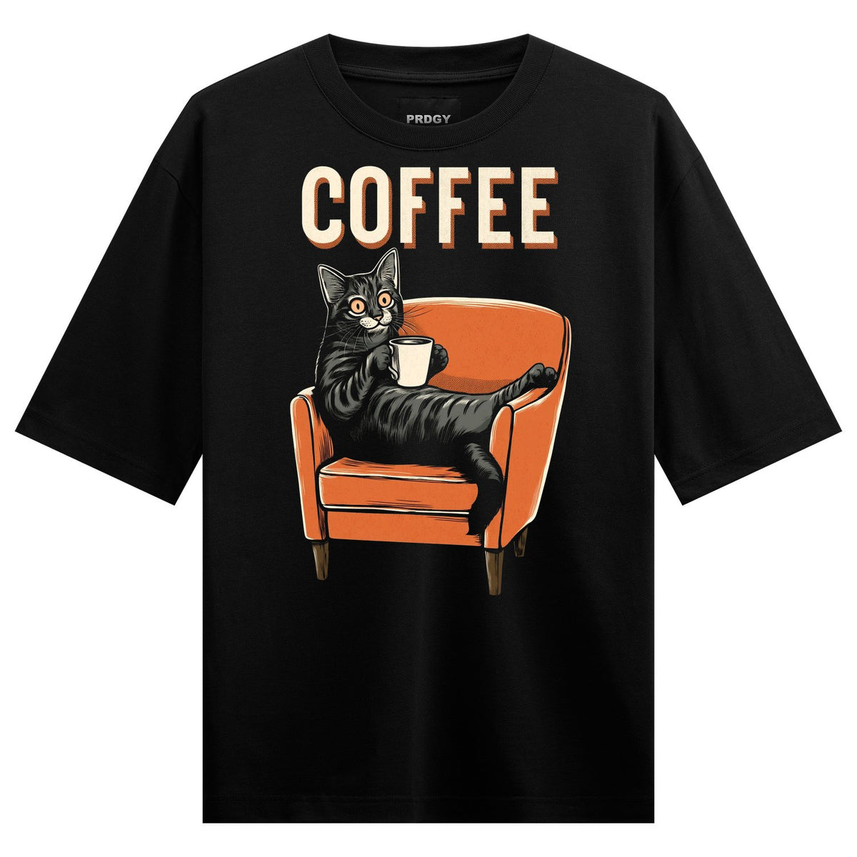 Coffee Cat Oversized T-Shirt — a black cat with orange eyes sits in an orange armchair holding a white coffee cup