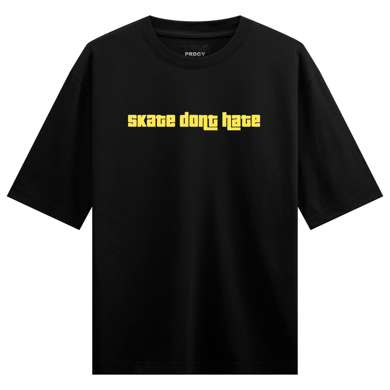 Skate Dont Hate T-Shirt by PRDGY — bold yellow typography saying 'skate dont hate', typography design