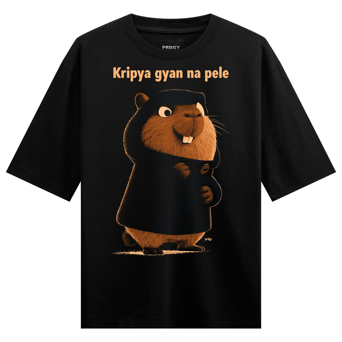Gyani Beaver Oversized T-Shirt by PRDGY — cartoon beaver in black shirt with orange text, humorous design