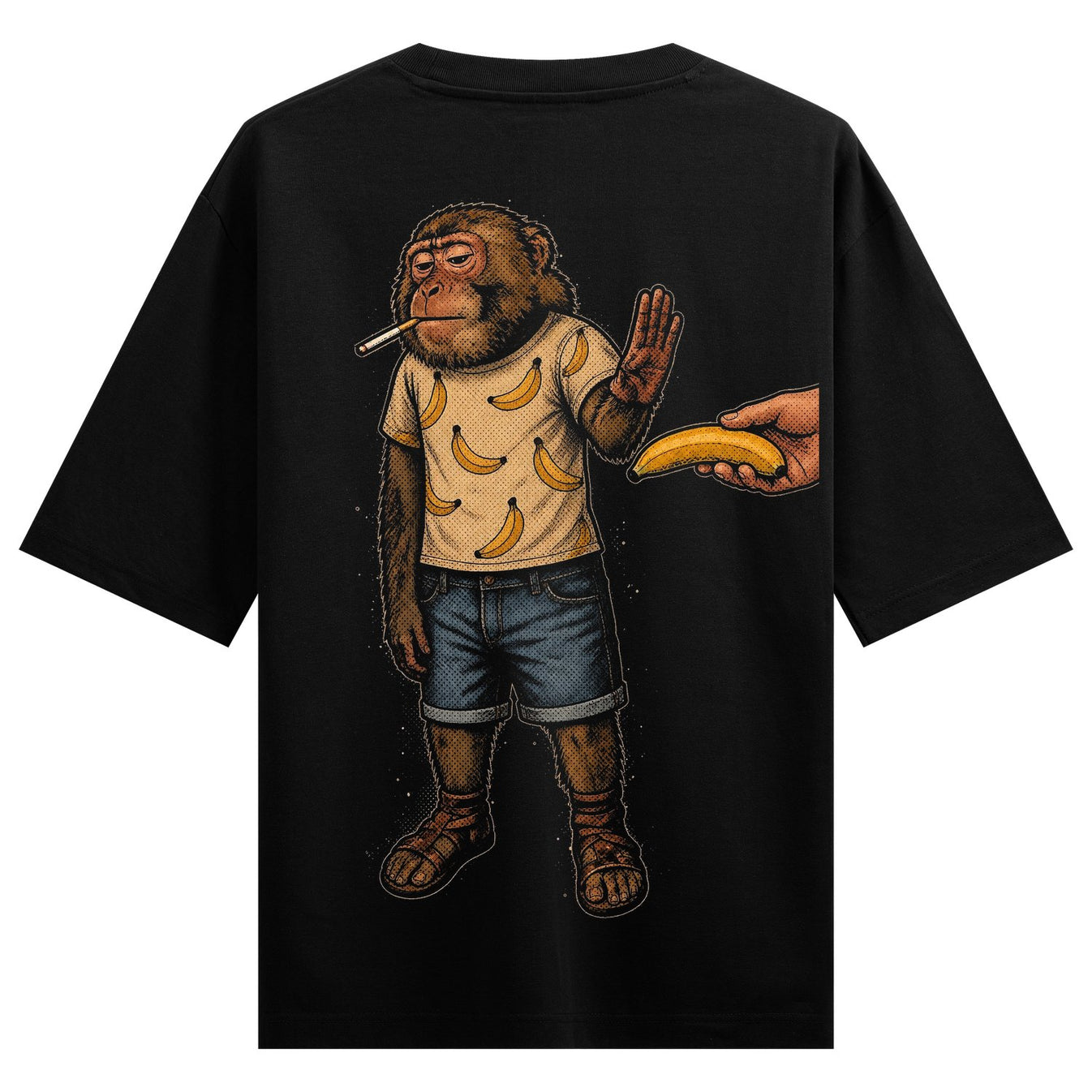 Mai alag hu Oversized T-Shirt by PRDGY — illustration of a smoking monkey in a banana-print shirt and denim shorts, humorous