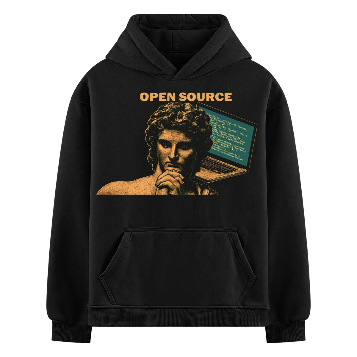 Code Sage Oversized Hoodie — a stone statue of a man with curly hair holding a laptop displaying green code text