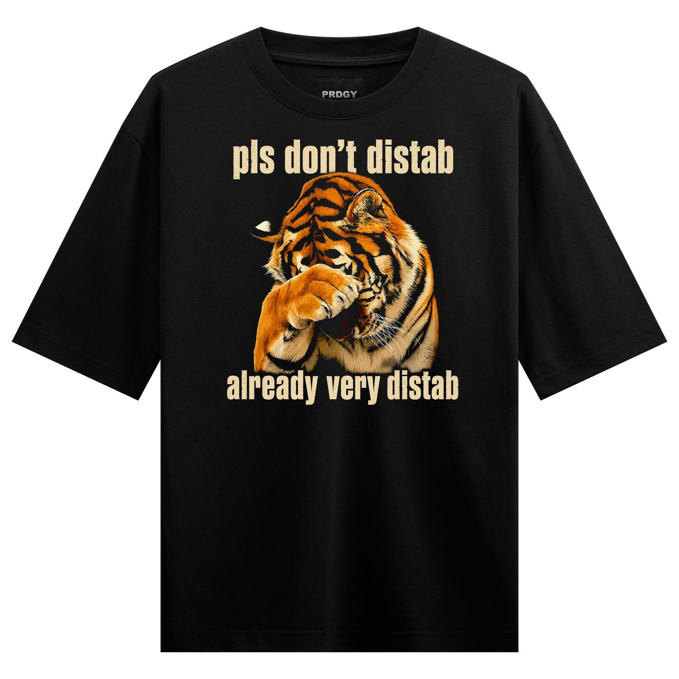 A black t-shirt features a distressed tiger with orange stripes covering its face with a paw text above and below on PRDGY...