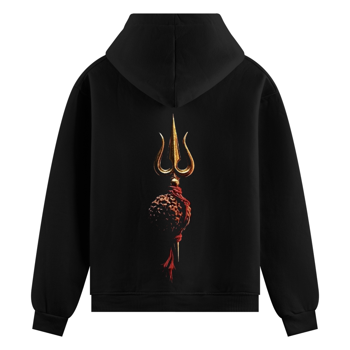 Divine Trident Oversized Hoodie — a golden trident is positioned above a rudraksha bead, bound by a red cord