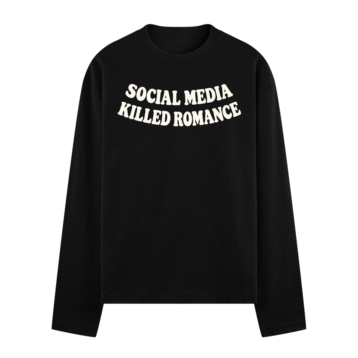 No Media Only Romance Oversized Full Sleeve T-Shirt — Black t-shirt with white bold arched text reading 'SOCIAL MEDIA KILLED
