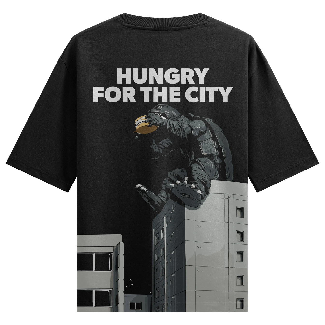 HUNGRY FOR THE CITY artwork on PRDGY oversized t-shirt