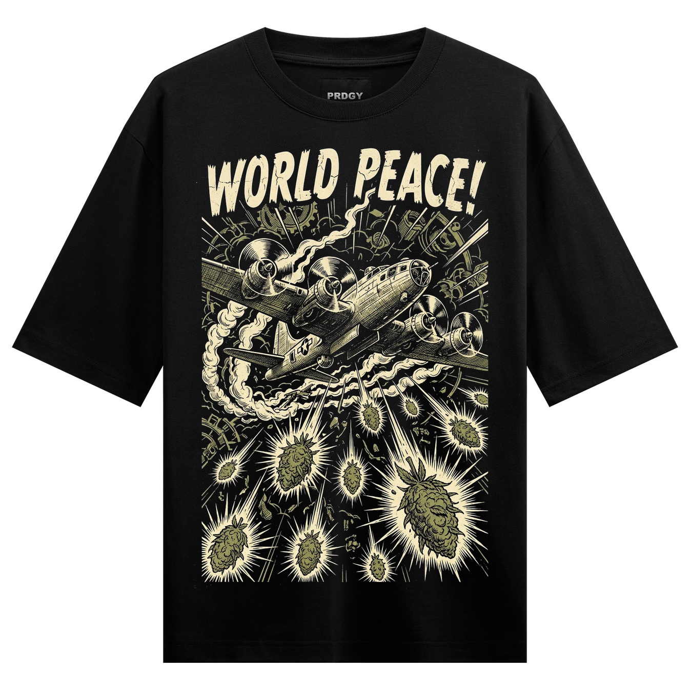 Herbal Warfare Oversized T-Shirt by PRDGY — a vintage warplane dropping cannabis buds instead of bombs, parody design