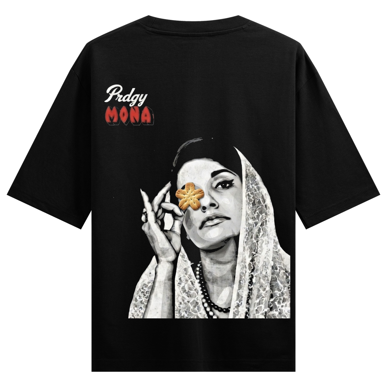 Mona.com Oversized T-Shirt by PRDGY — black and white portrait of a woman with a cookie over her eye, vintage design