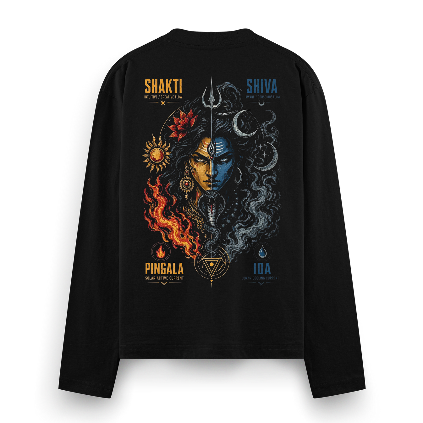 Shakti Shiva Duality Full Sleeve T-Shirt by PRDGY — bold graphic of Shiva and Shakti in harmony, spiritual design
