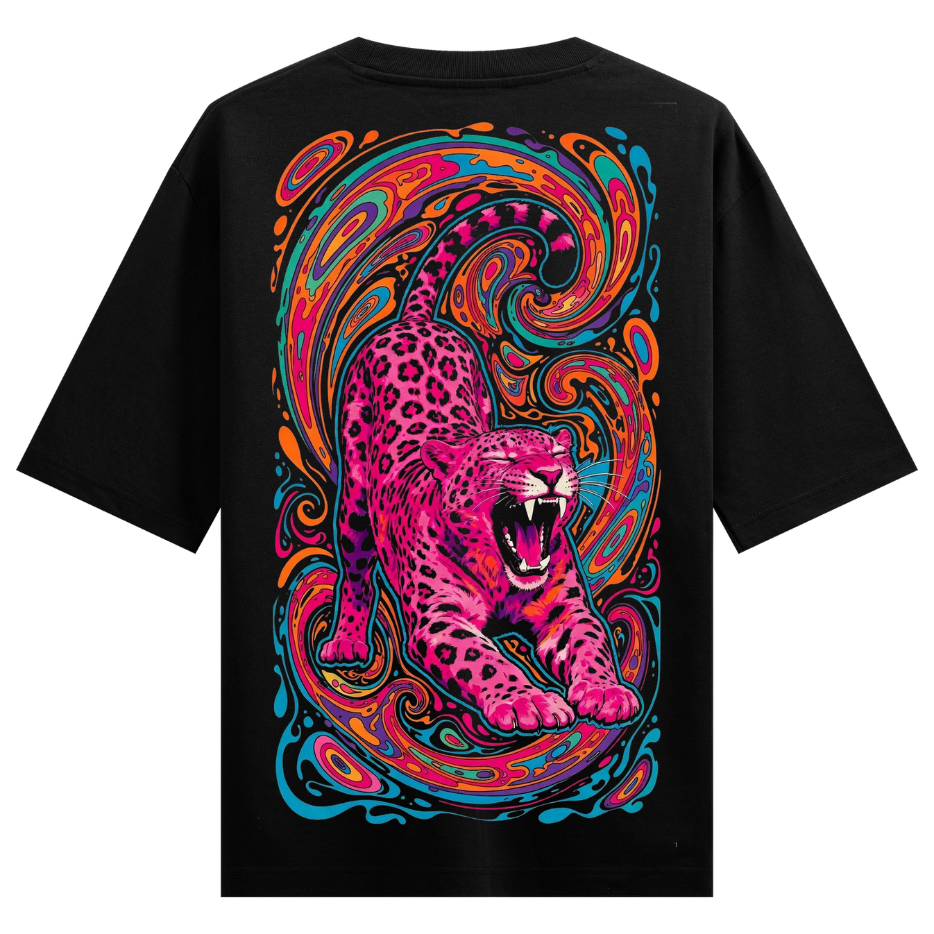 Neon Leopard T-Shirt by PRDGY — vibrant psychedelic leopard with ornamental patterns, animal design