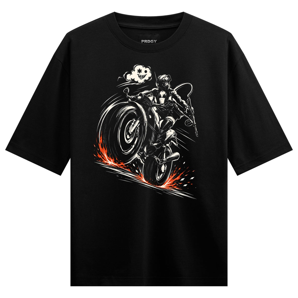 Vispotak rider — black oversized tee with approved Vispotak rider artwork printed on the front