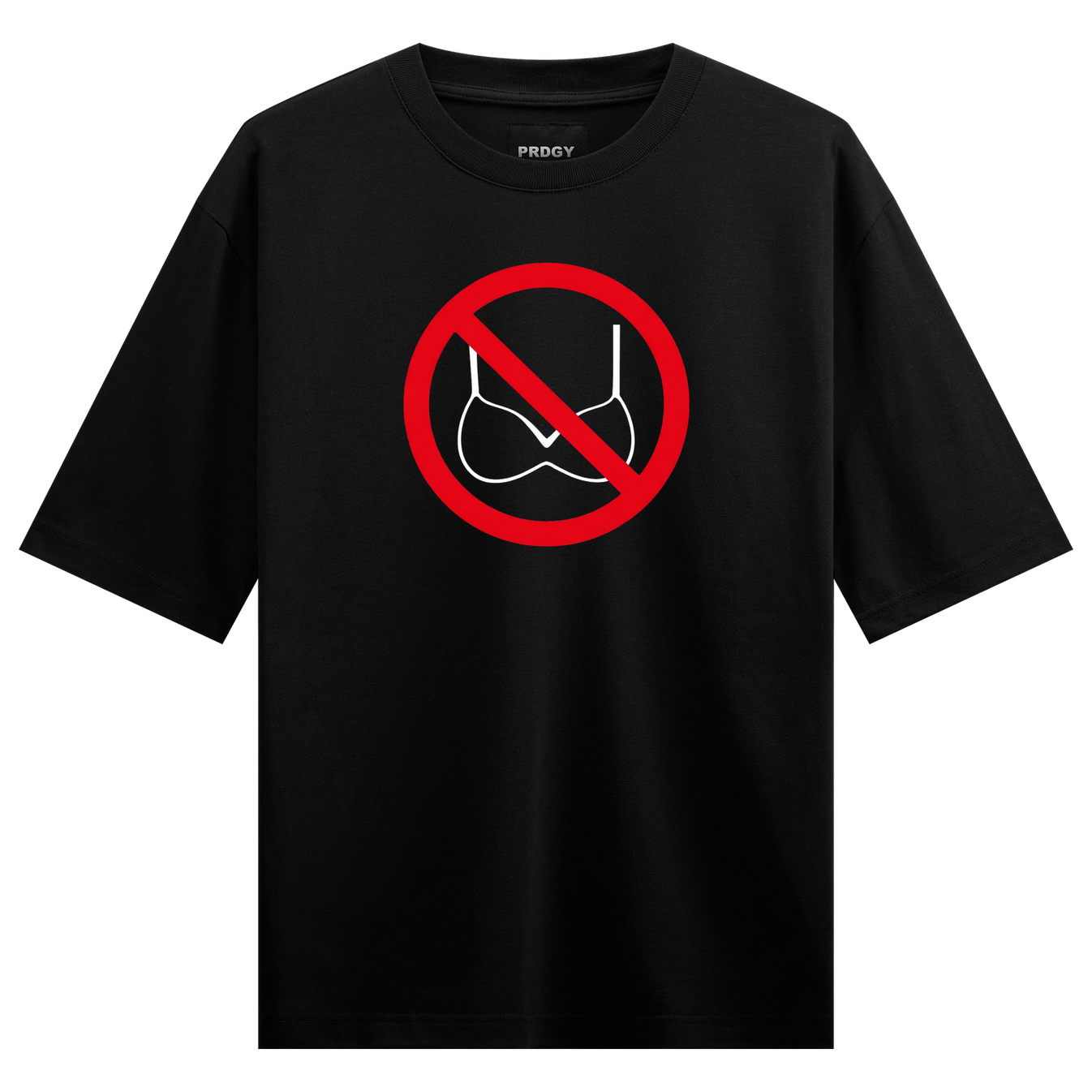 Forbidden Luxury Oversized T-Shirt by PRDGY — minimalist prohibition symbol with elegant undergarment silhouette, streetwear