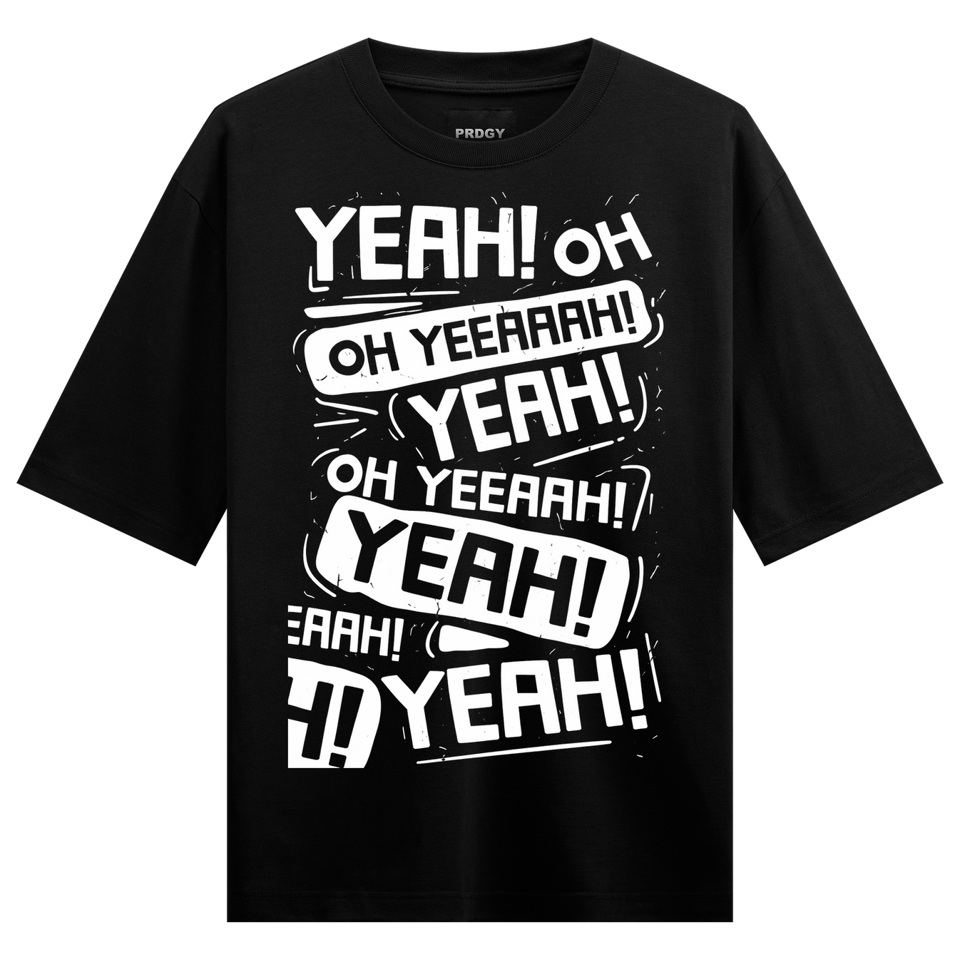 Yeah Energy Oversized T-Shirt by PRDGY — dynamic manga-style typography in bold speech bubbles, streetwear design