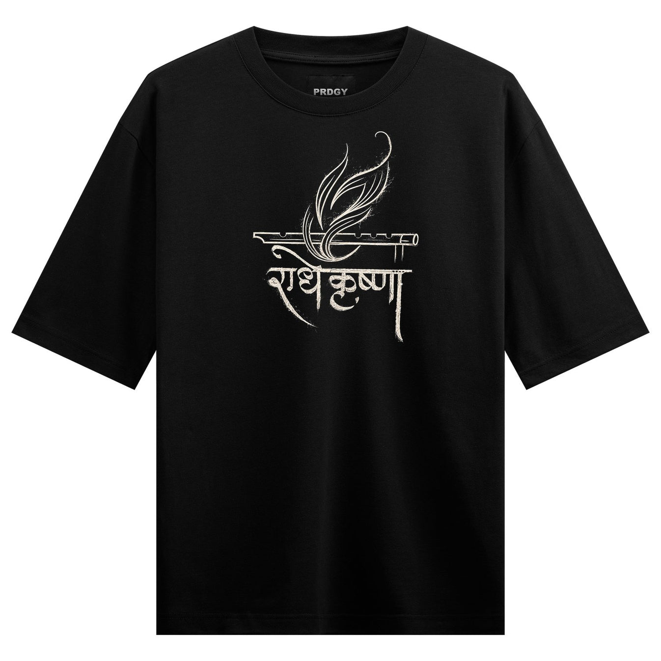 A black t-shirt features white Indian calligraphy for Radha Krishna accompanied by a flute and a stylized feather design o...