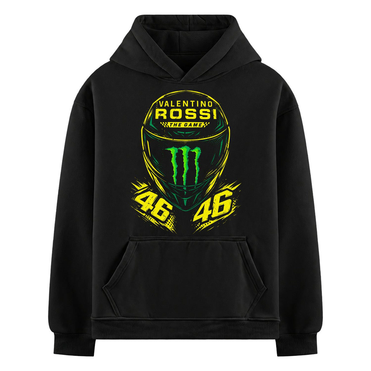 Rossi Game Oversized Hoodie — Black hoodie with yellow outlined motorcycle helmet featuring green Monster logo