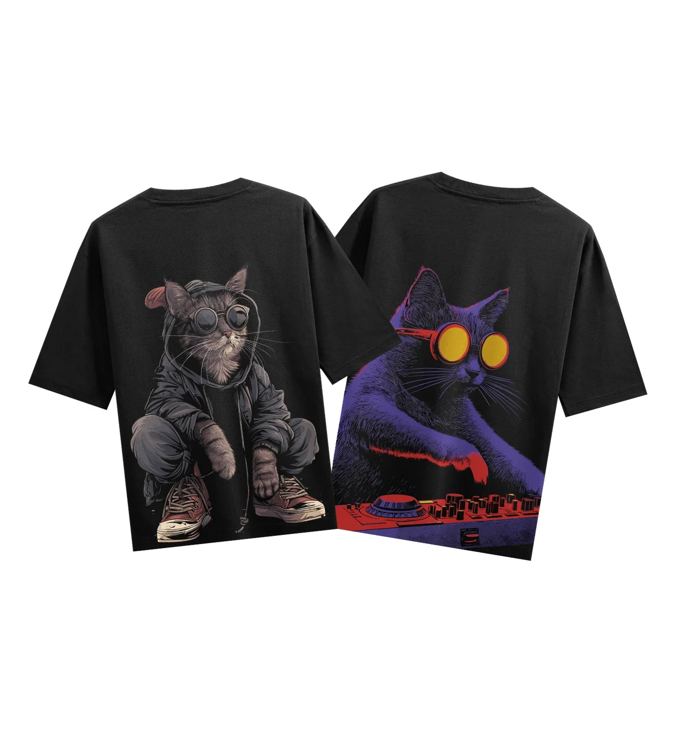 Cat DJ artwork on PRDGY oversized t-shirt