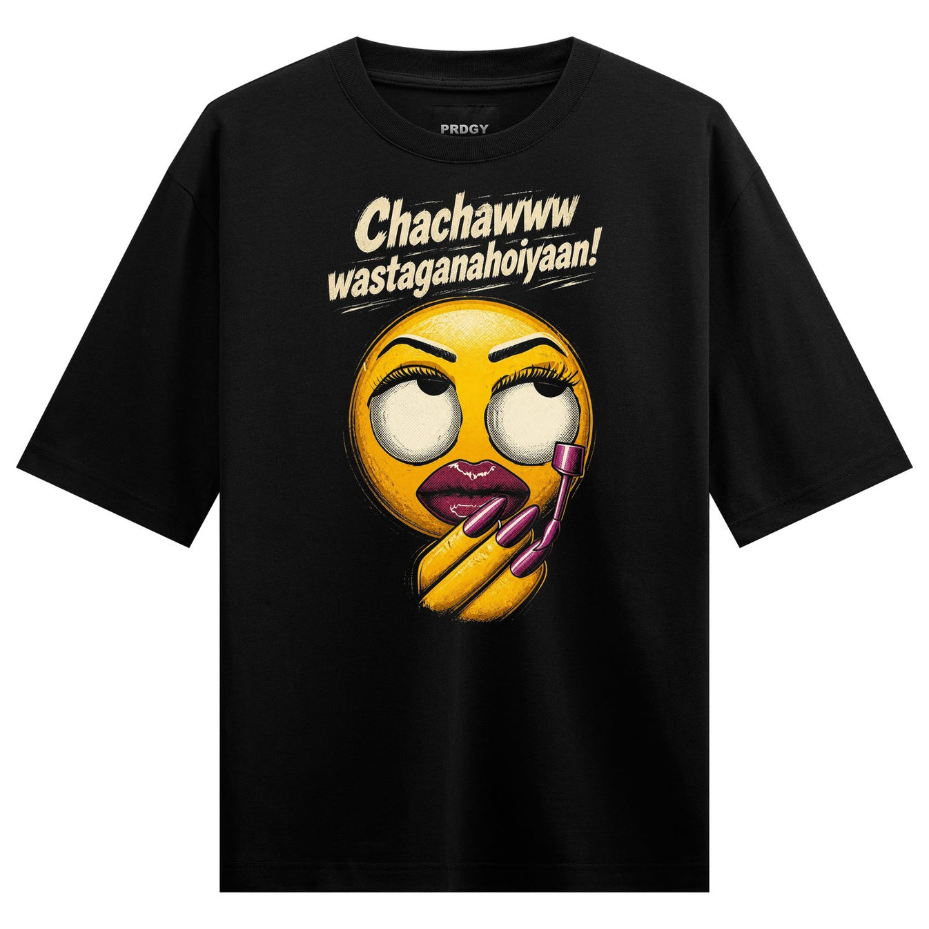 A yellow emoji with exaggerated makeup rolling eyes and a hand holding lipstick on a black t-shirt on PRDGY oversized t-shirt