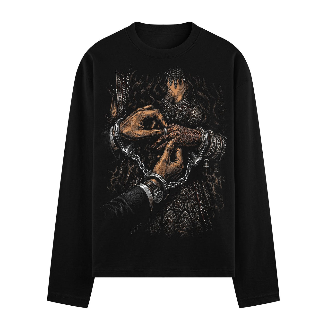 Chained Vows Oversized T-Shirt by PRDGY — Hands in handcuffs exchanging a ring, spiritual design.