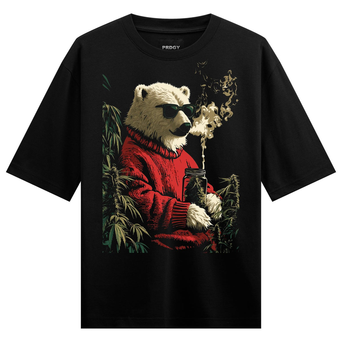 Chill Bear — a white polar bear wearing sunglasses and a red sweater holds a smoking jar surrounded by green leaves