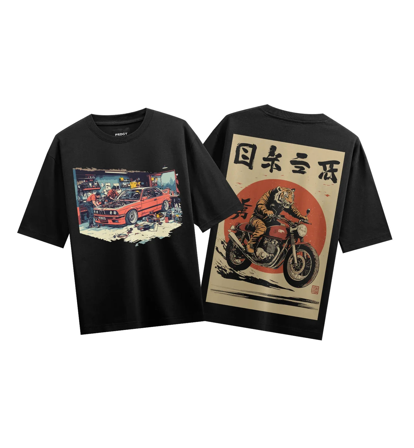 Tiger On Motorcycle artwork on PRDGY oversized t-shirt
