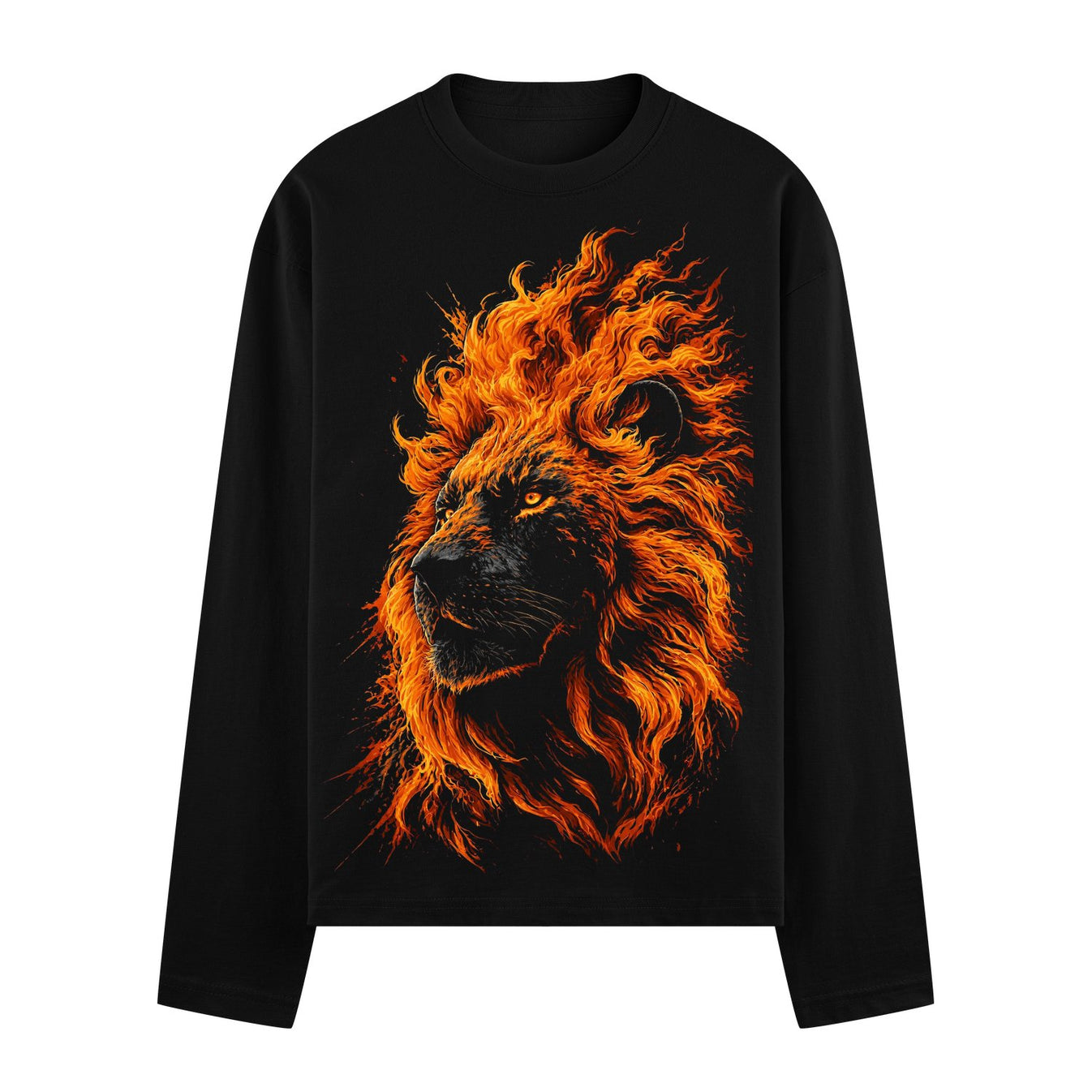 Babbar Shera Oversized T-Shirt by PRDGY — black t-shirt with a lion's head back print surrounded by flames, animal print