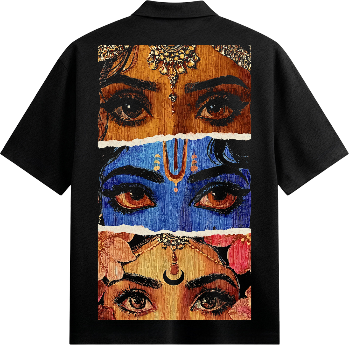 Vedic Eyes Shirt by PRDGY — Three stacked deity faces with ornamental bindis, spiritual design