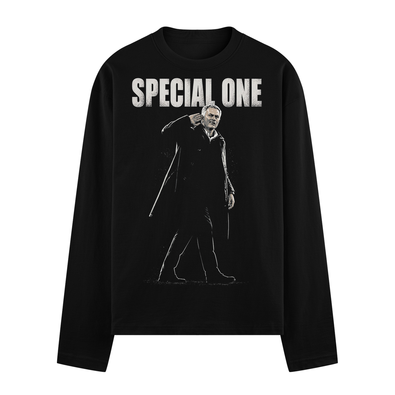A black t-shirt features a monochrome portrait of a man in a trench coat with white text above and below on PRDGY oversize...