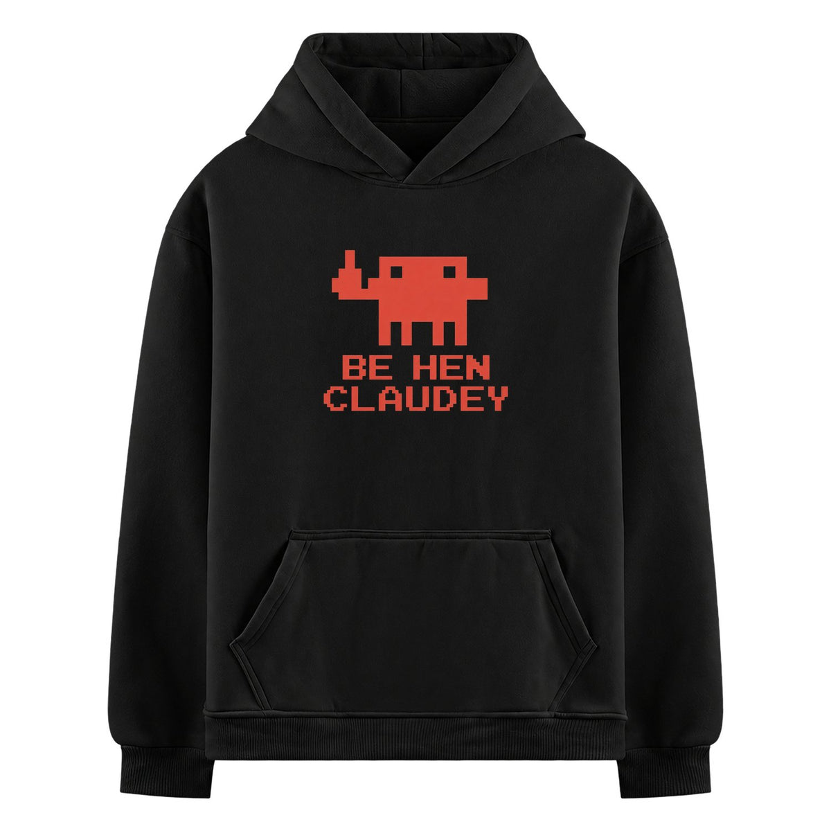 Pixel Invader Oversized Hoodie — a pixelated orange elephant holding up a thumb, with orange text below reading 'BE HEN