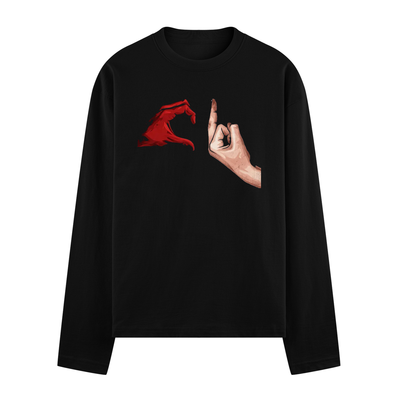 A black full sleeve t-shirt features a red hand forming a heart shape and a skin-toned hand with index finger raised on PR...
