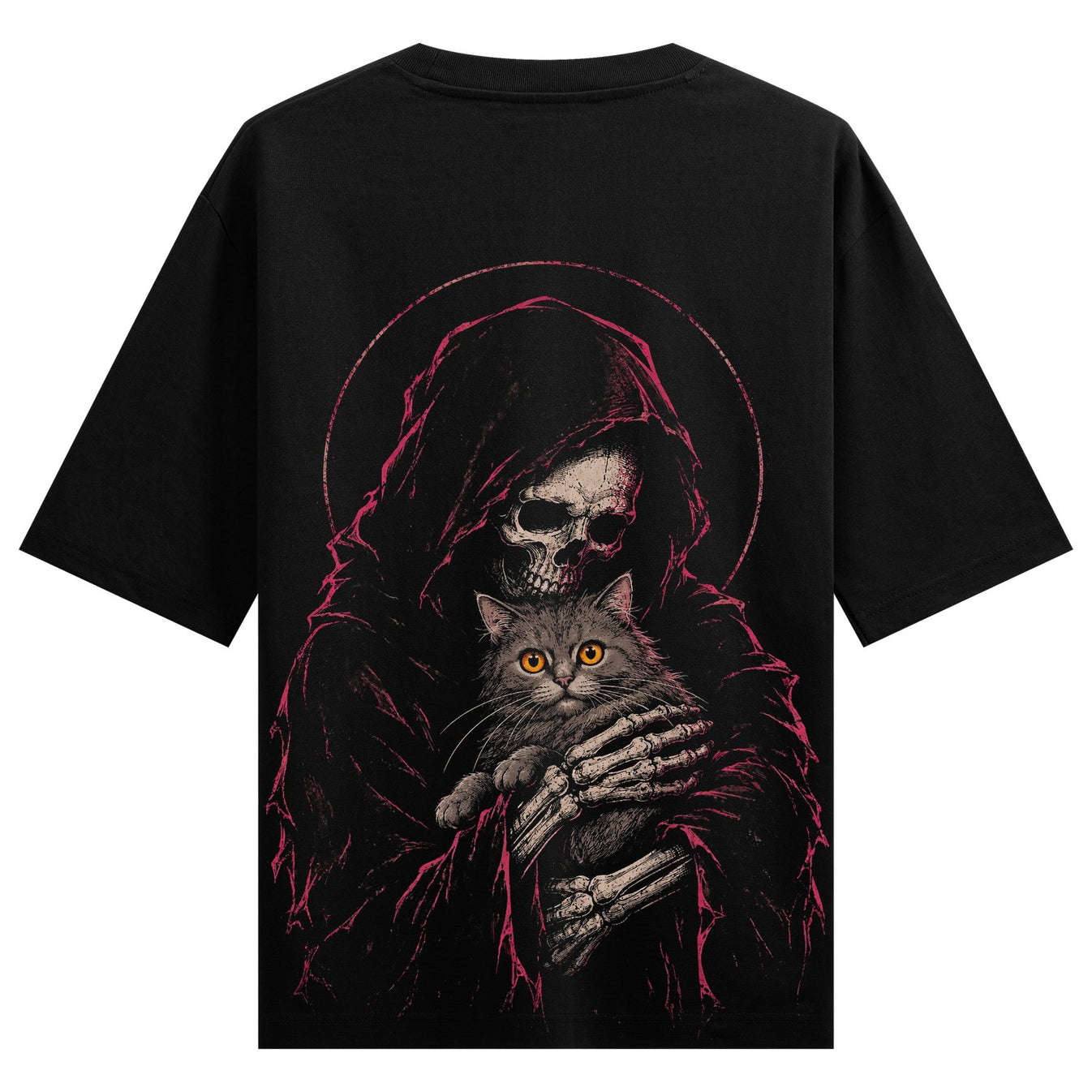 Grim Reaper Cat T-Shirt by PRDGY — a cat in a grim reaper outfit with skull motifs, dark art design.