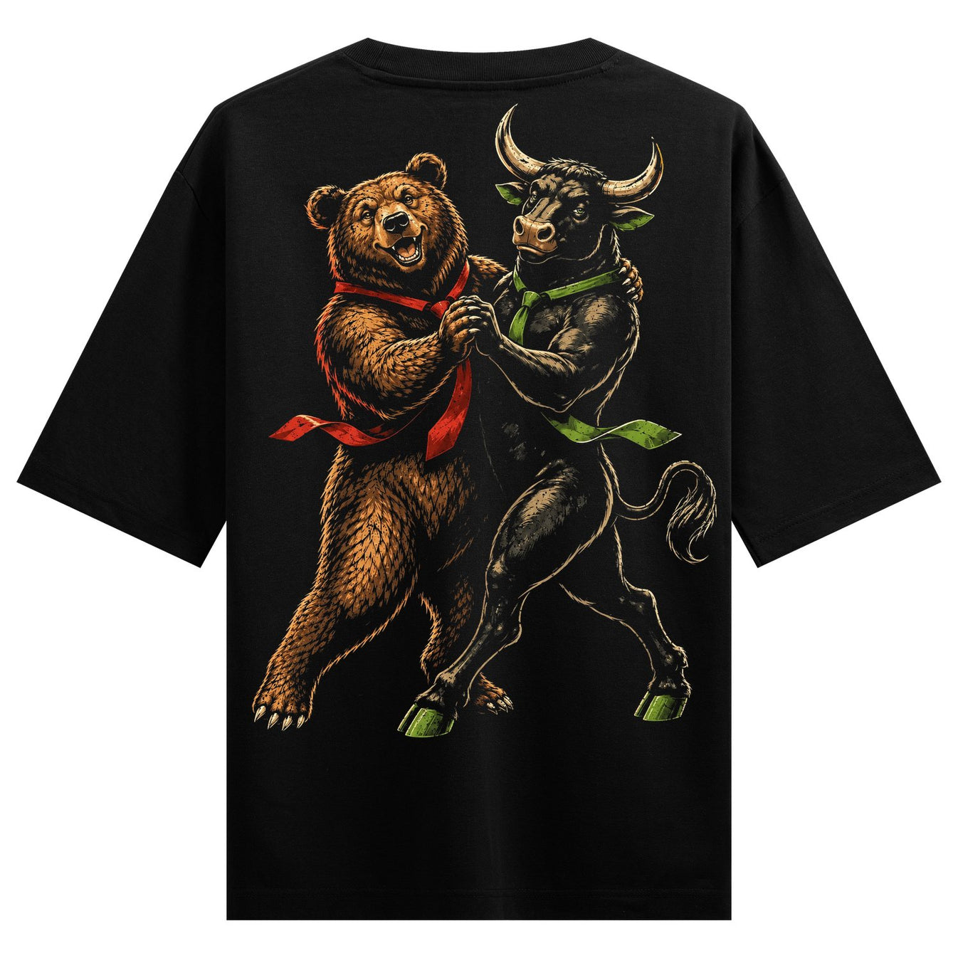 Dancing Duo Oversized T-Shirt by PRDGY — bear and bull characters dancing together, streetwear design.
