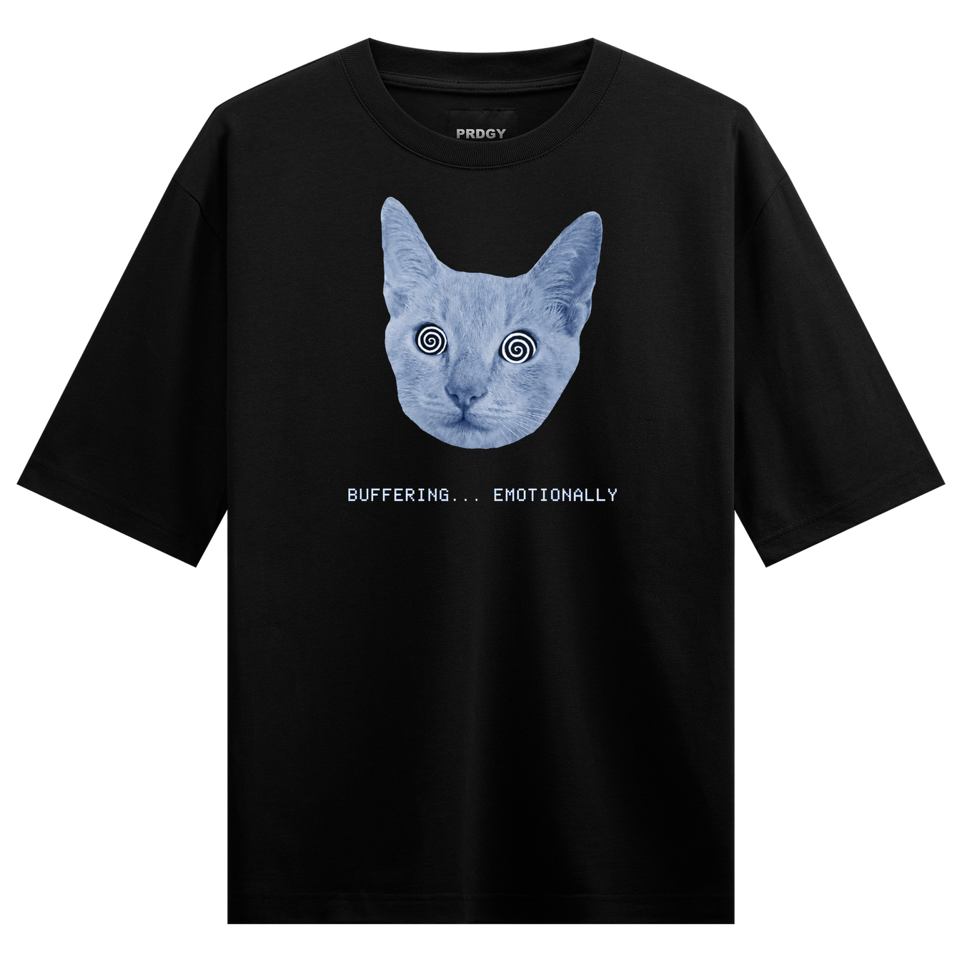 Emotional Buffering T-Shirt by PRDGY — Blue cat face with spiral eyes and text below, dark humor design