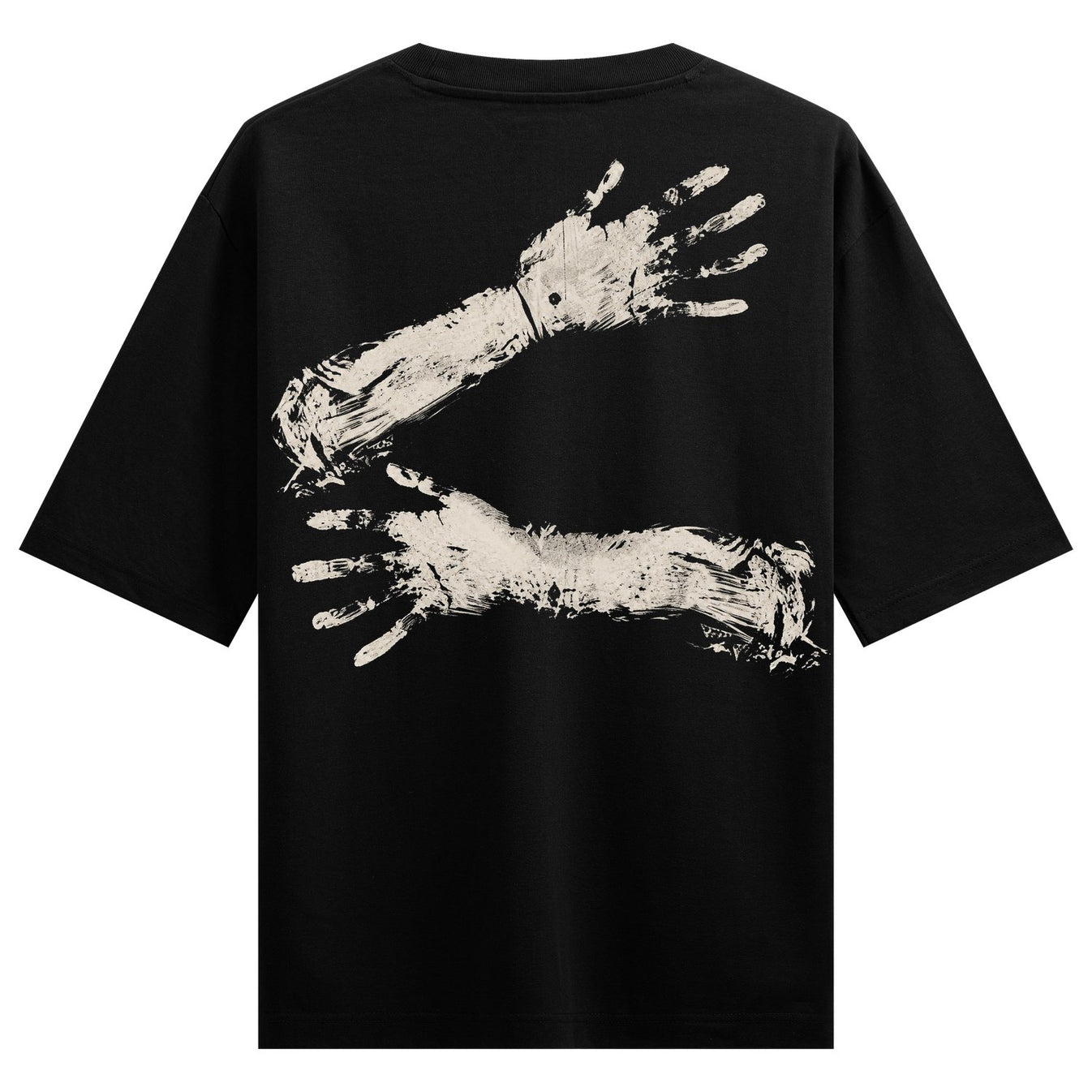 A black t-shirt features a distressed off-white graphic of two arms and hands embracing rendered with visible brush stroke...