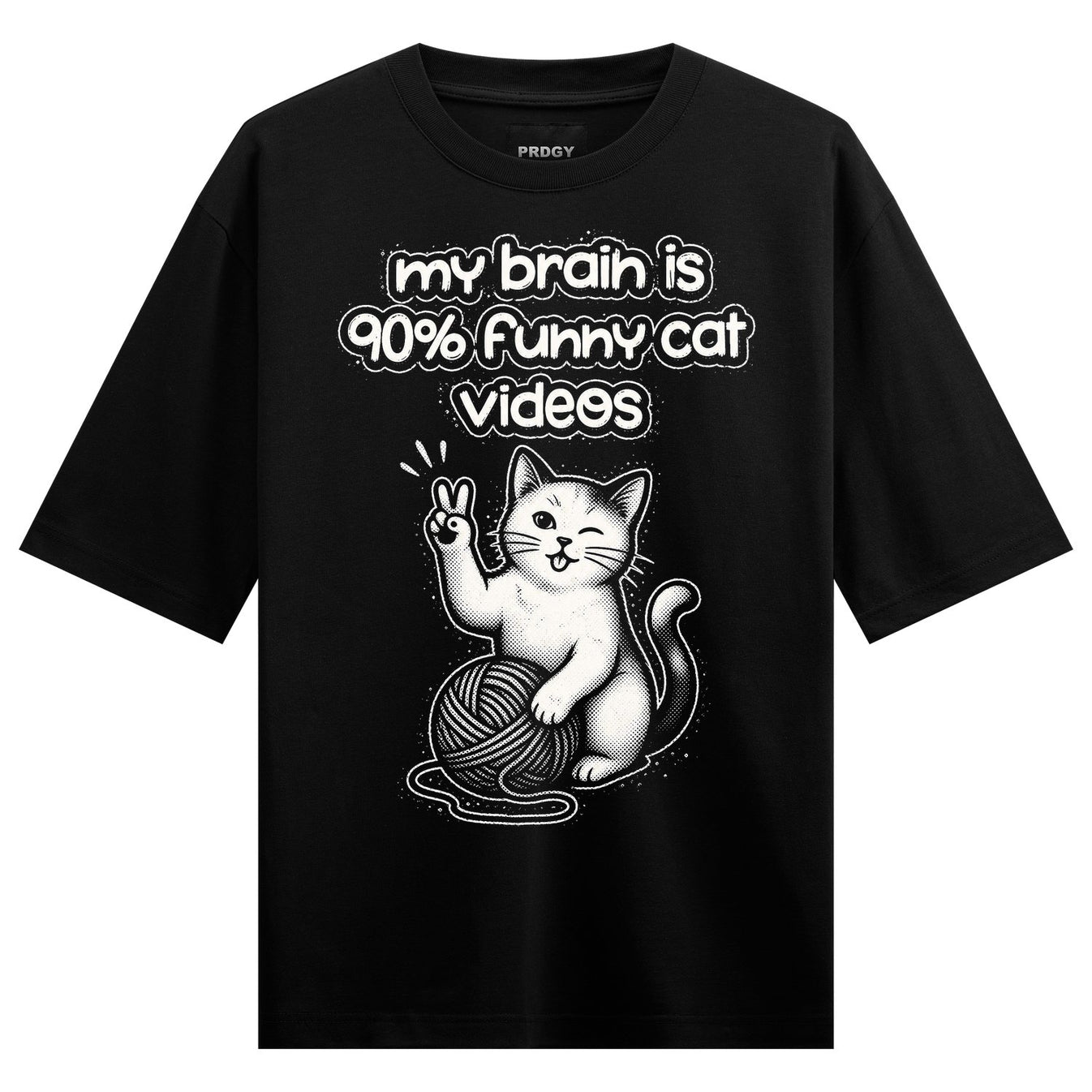 A black t-shirt features a white cartoon cat winking and holding up a peace sign sitting beside a grey ball of yarn with t...