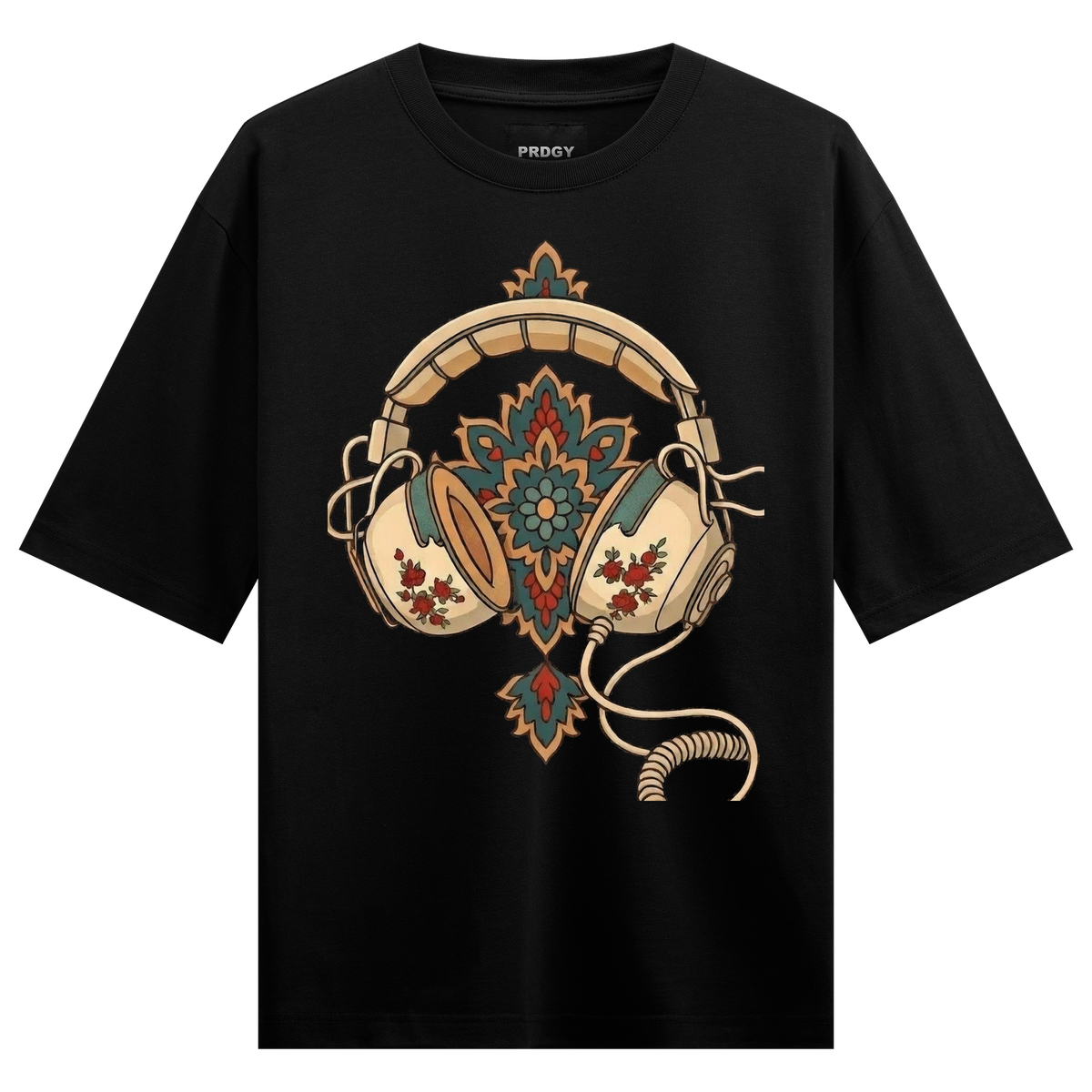 Vintage Piece Hu Oversized T-Shirt by PRDGY — floral accents and classic headphones, vintage design