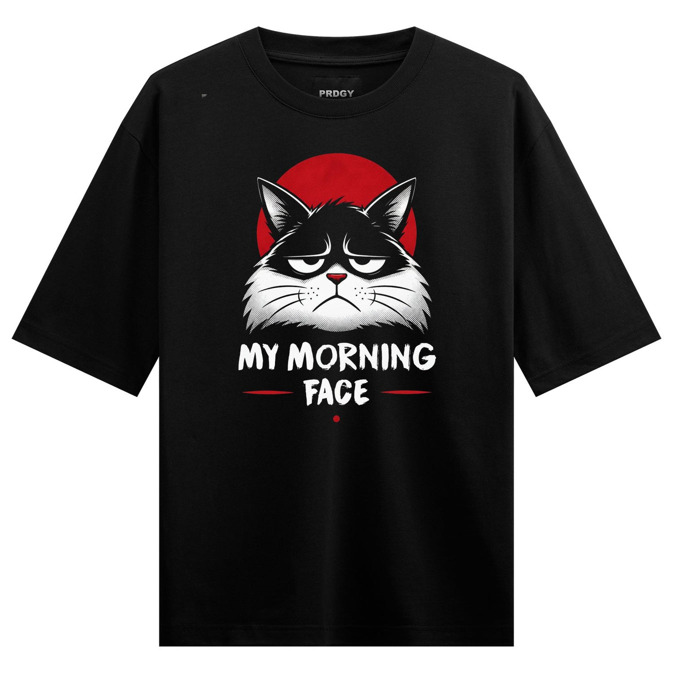 A black t-shirt features a grumpy black and white cat face illustration with a red circle behind it and white text below o...