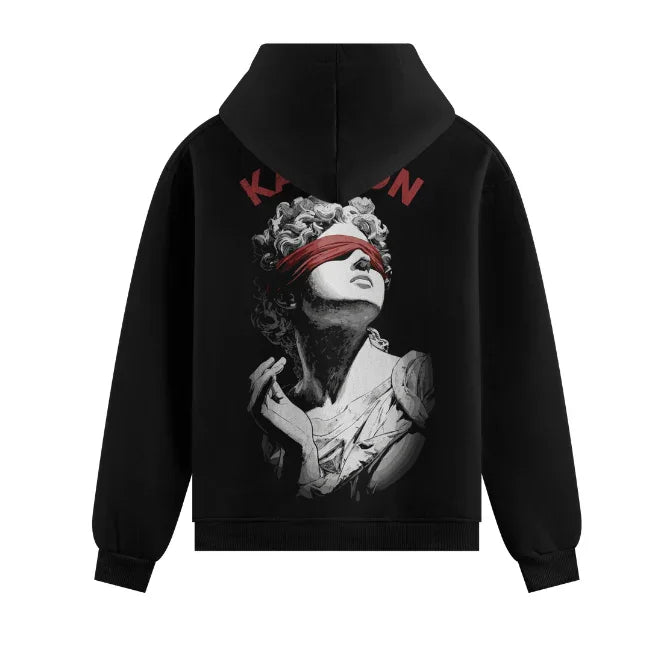 Blindfolded Statue artwork on PRDGY hoodie