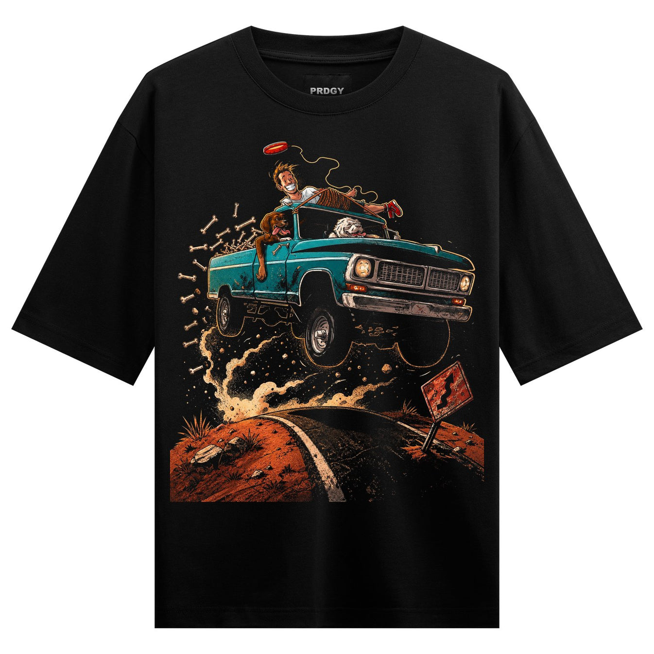 A vintage teal truck with a man and two dogs drives over a desert road with a warning sign and a flying frisbee on PRDGY o...
