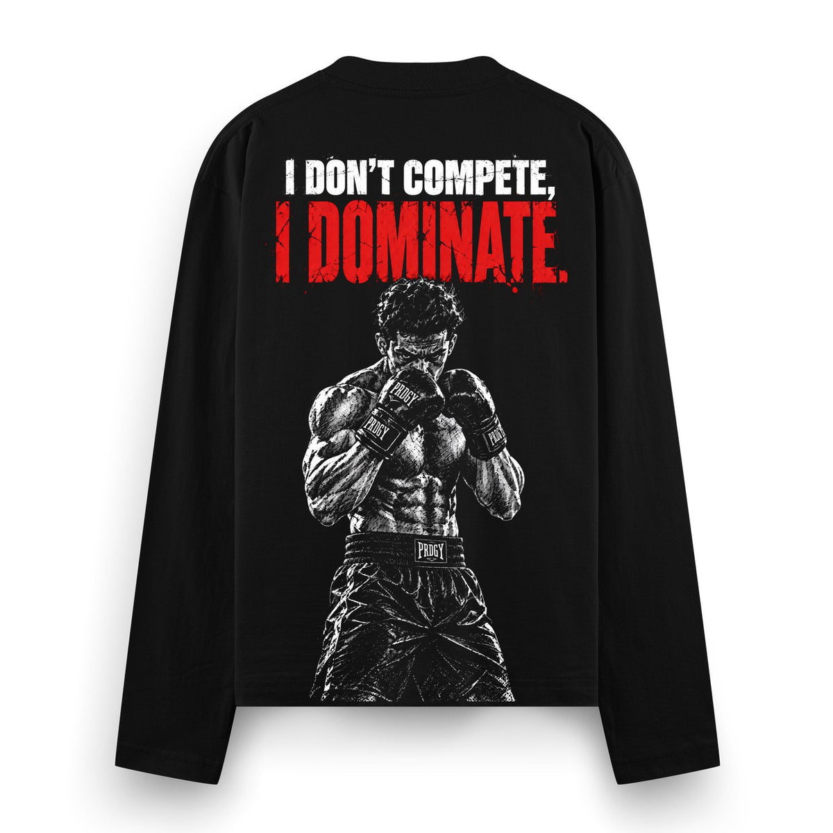 Sucker Punch Oversized Full Sleeve T-Shirt — a muscular boxer in fighting stance wearing gloves and belt with bold red