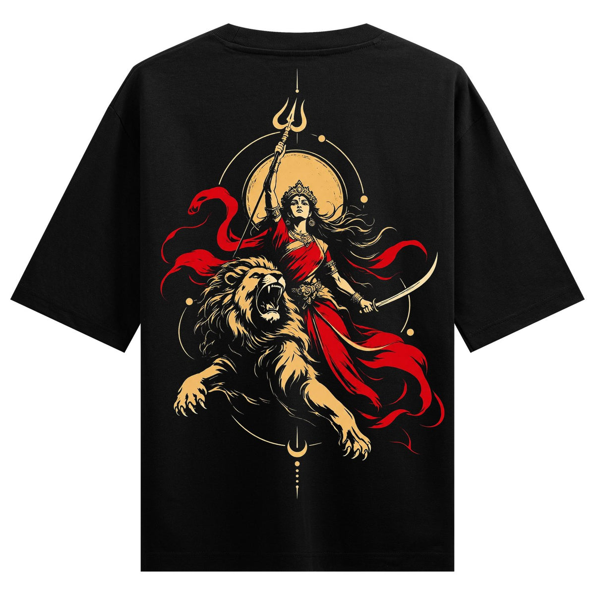 Durga on Lion Oversized T-Shirt — a warrior goddess on a roaring lion holding trident and sword with red drape, golden sun