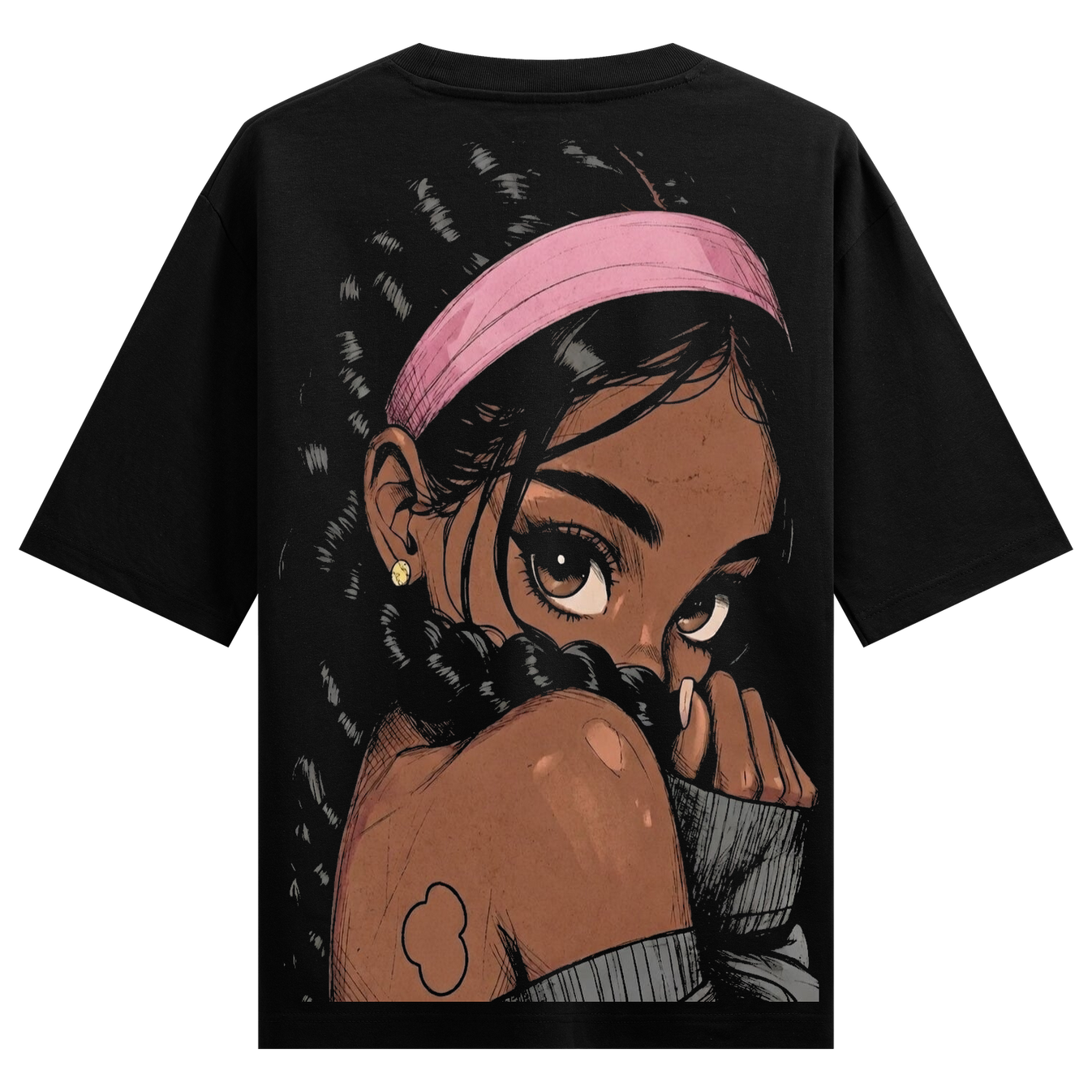 Hidden Gaze Oversized T-Shirt by PRDGY — portrait of a woman with dark braids and expressive eyes, spiritual design